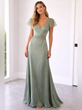 Vera Wang Sage Green Tulle-Shoulder Evening Gown